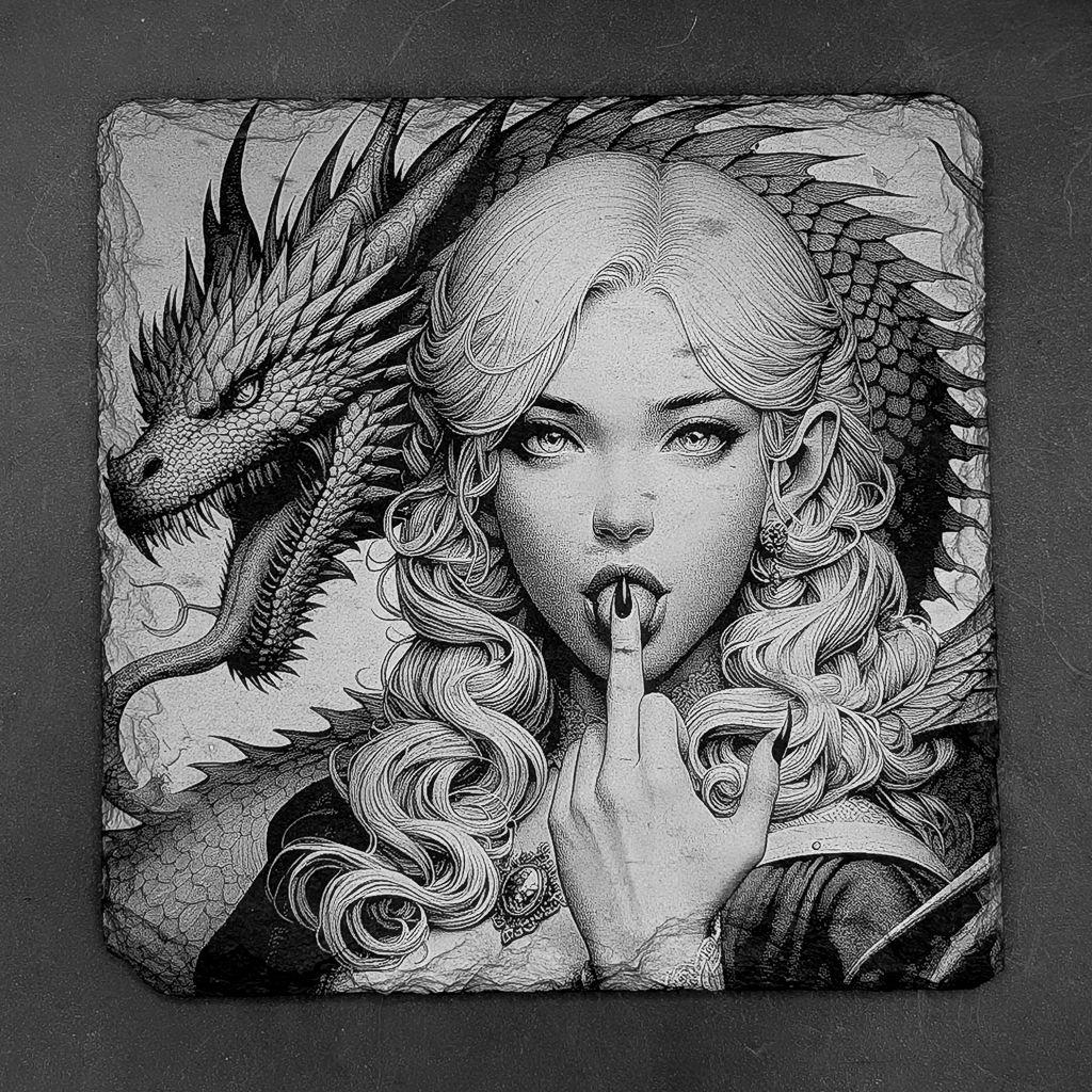 Leistenen onderzetter - Gravure van drakenmeisje in mangastijl