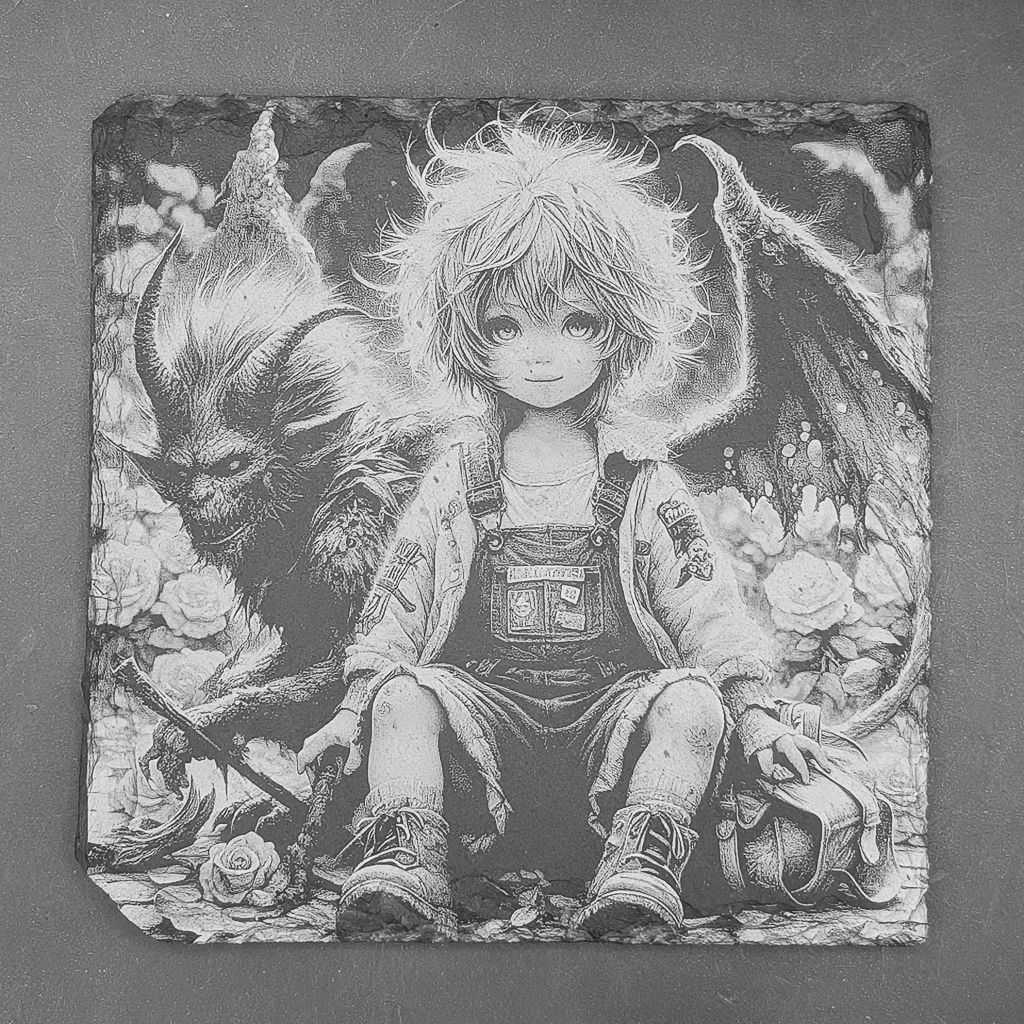 Leistenen onderzetter - Gravure Good vs evil