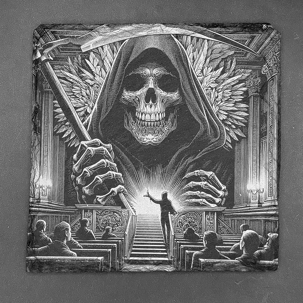 Leistenen onderzetter - Gravure van Pietje de dood