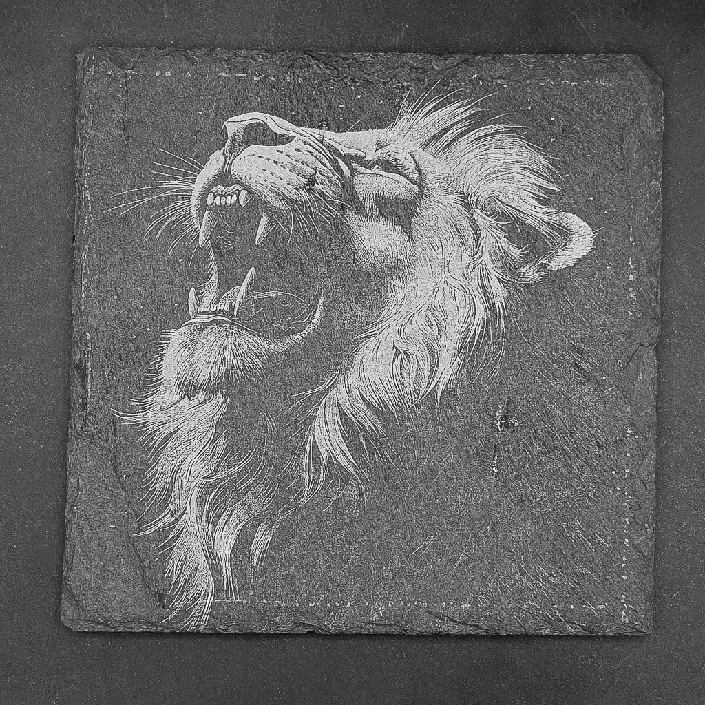 Leistenen onderzetter - Gravure van een leeuw