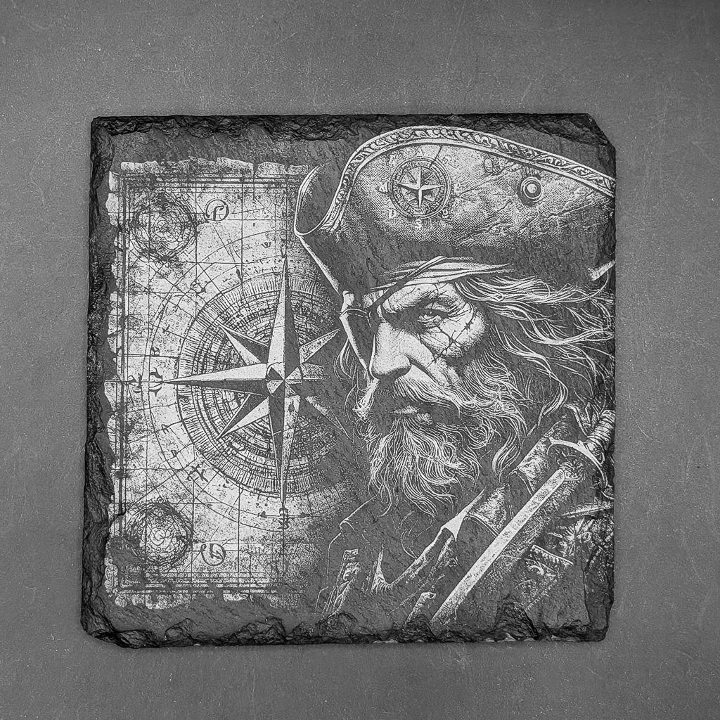 Leistenen onderzetter - Gravure van piraat met kaart