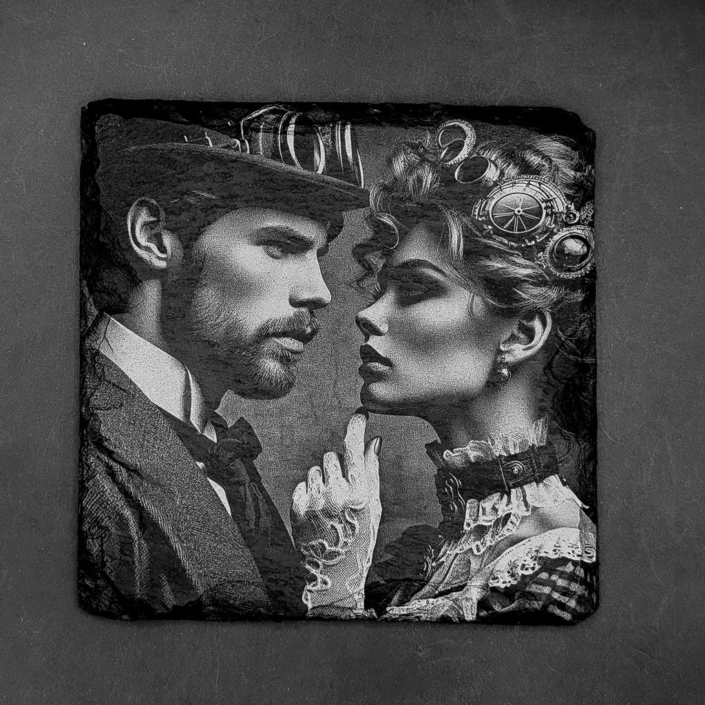 Leistenen onderzetter - Gravure van verliefd steampunk koppel