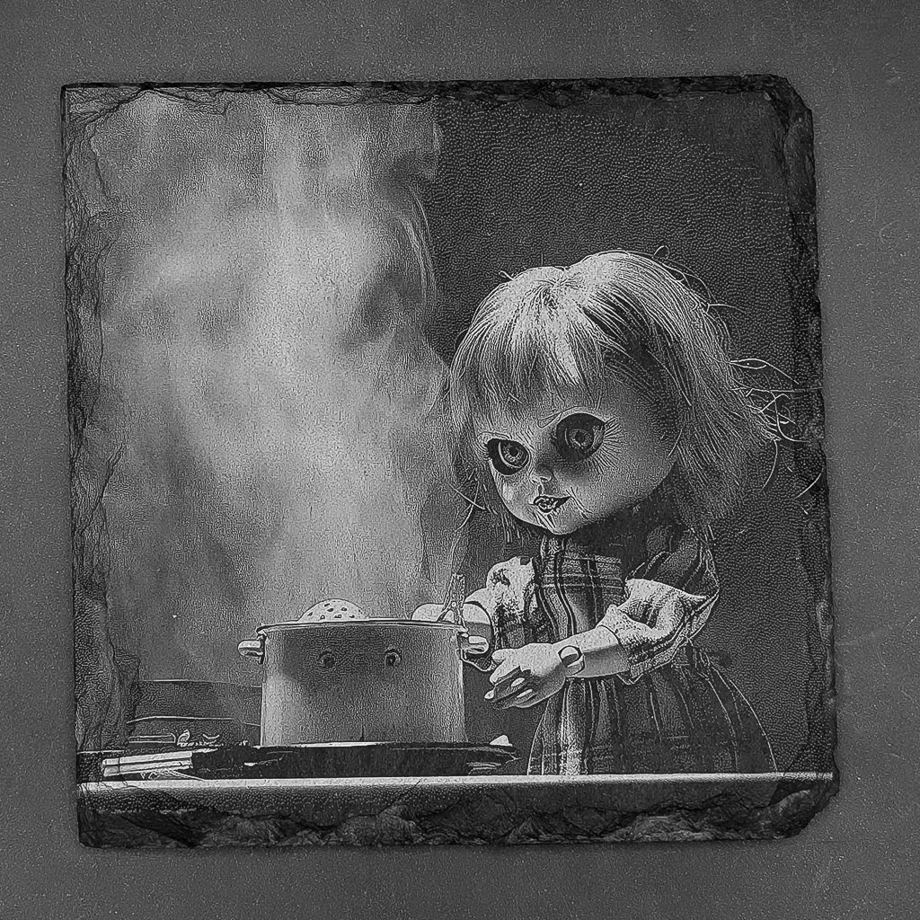 Leistenen onderzetter - Gravure van kokende killerpop