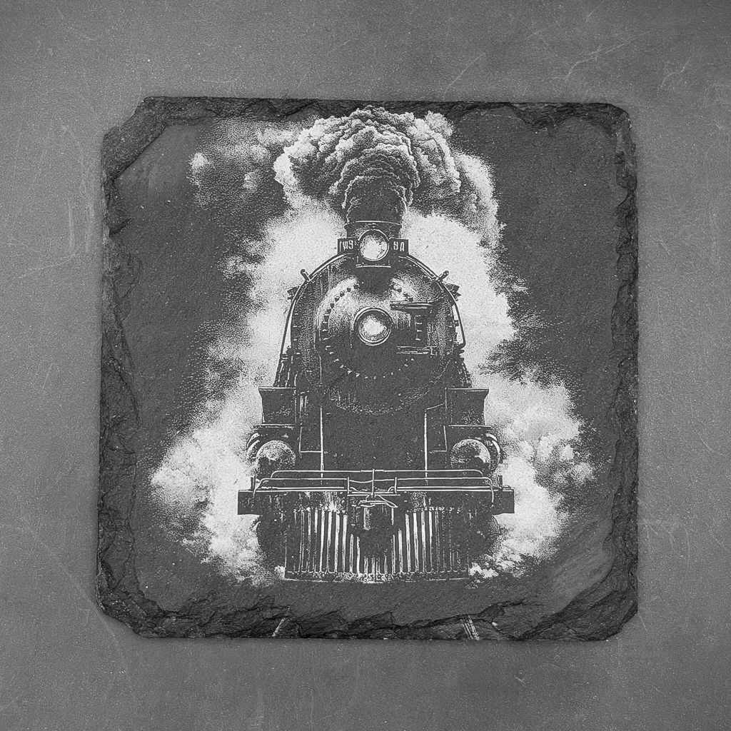 Leistenen onderzetter - Gravure van een stoomtrein