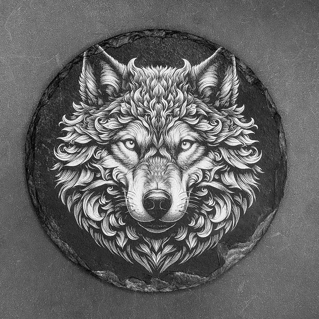 Leistenen onderzetter - Gravure van een wolf