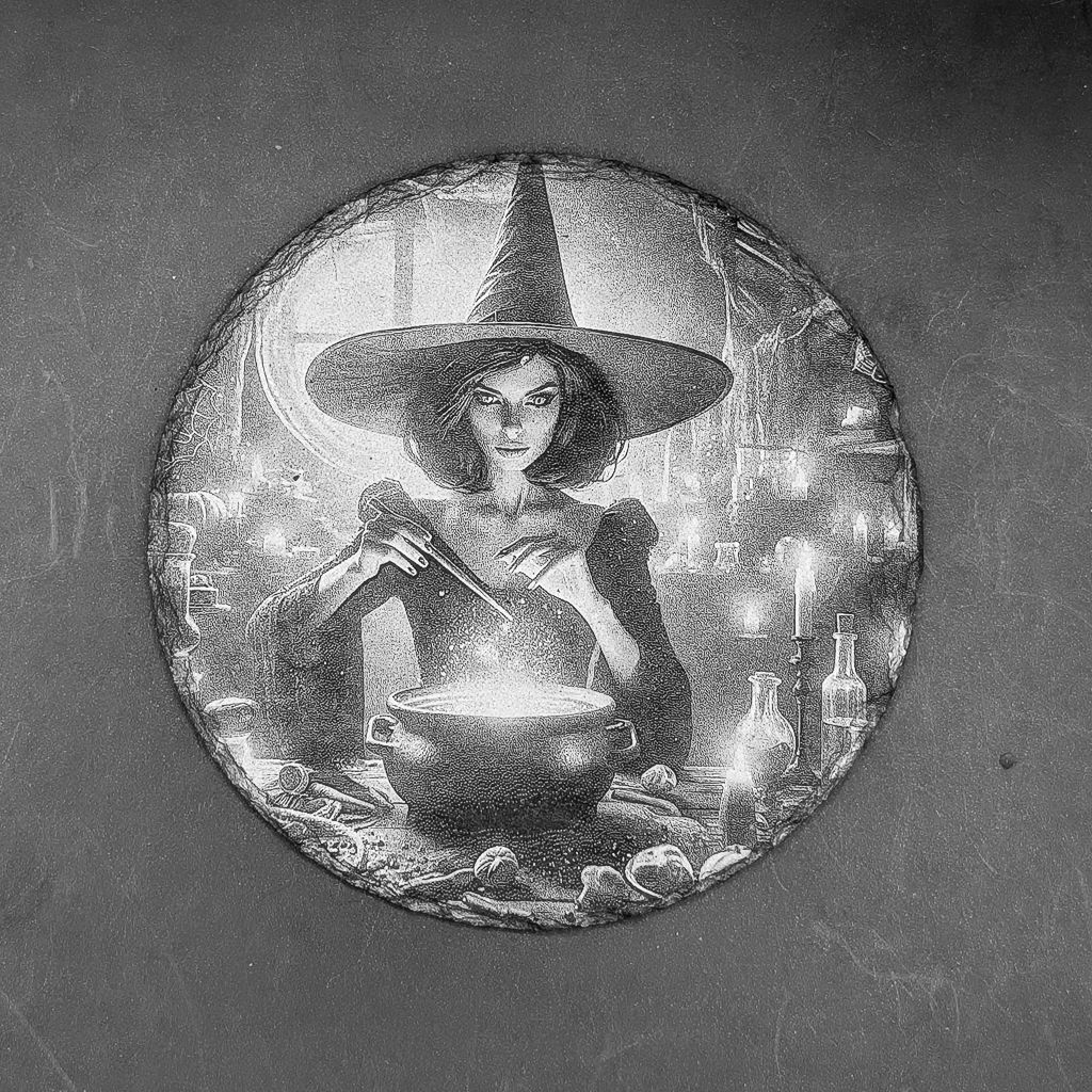Leistenen onderzetter - Gravure van een heks met ketel