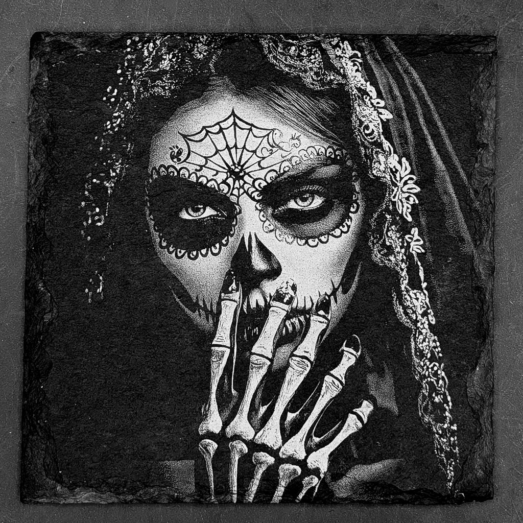 Leistenen onderzetter - Gravure Dia de los Muertos