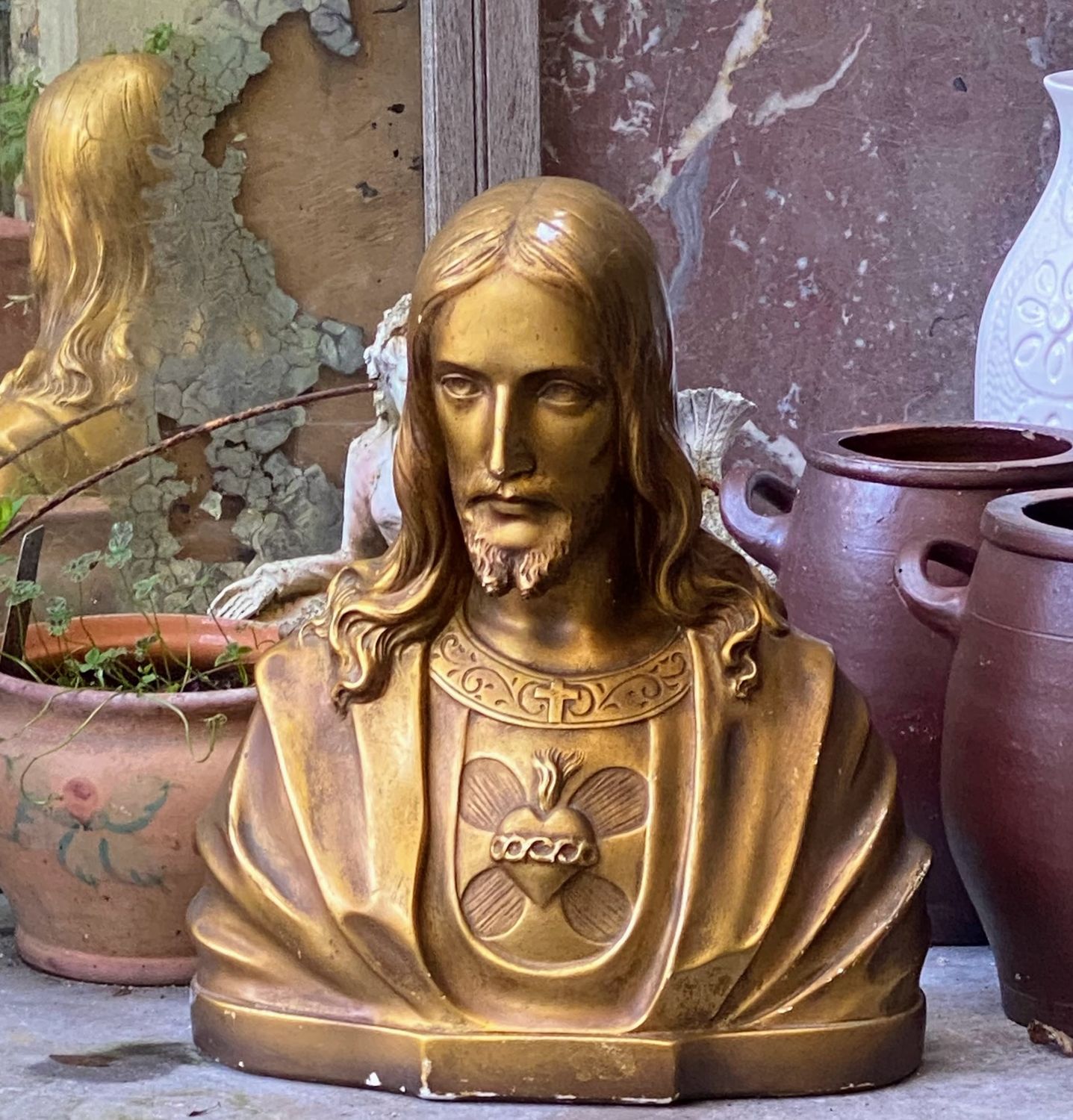 Antiek Heilig Hart borstbeeld van Jezus – gesigneerd Art Belge Déposé 525G (ca. 1925–1940)