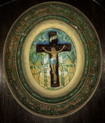 Dubbel Ovaal Kruisbeeld met Bol Glas – Volksdevotie ca. 1900