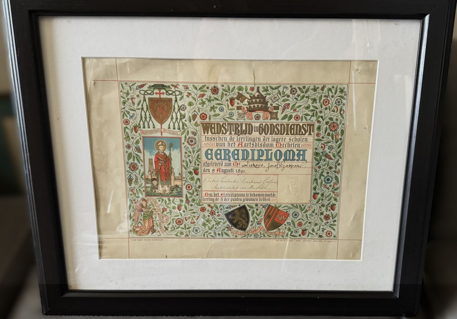 Antiek erediploma godsdienstonderricht (1891) – neogotische oorkonde gedrukt in Brugge door Van de Vyvere–Petyt