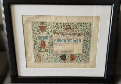 Antiek erediploma godsdienstonderricht (1891) – neogotische oorkonde gedrukt in Brugge door Van de Vyvere–Petyt