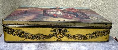 Vintage chocoladeblik met Jong Hollands koppeltje in landelijke omgeving – Superchocolade Jacques, ca. 1930