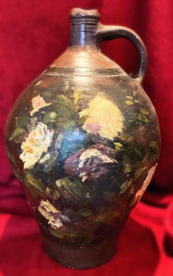 Rustieke Franse boerderij olijfolie kruik, met bloemen geschilderde Terra Cotta – begin 1900