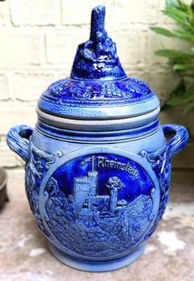 Westerwald kobaltblauwe zoutgeglazuurde pot met deksel – ca. 1900‑1950