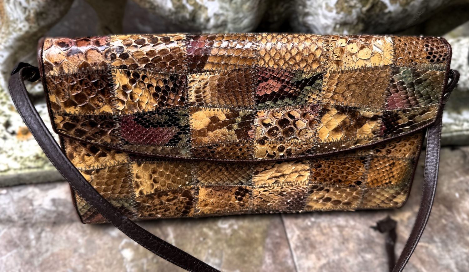 Meerkleurige slangenleren retro avondhandtas, gemerkt Lupalsax – ca. 1950‑1960