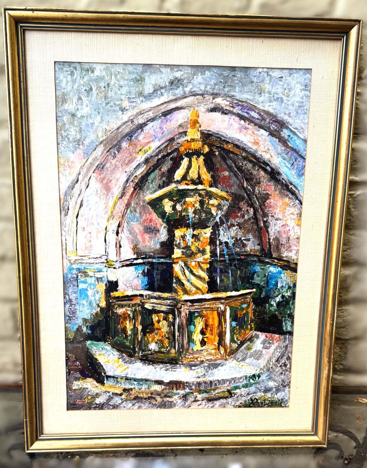 Tuinfontein in Steen – Gesigneerd door Xordicevic Authentiek schilderij met klassieke architecturale details, ca. 20e eeuw