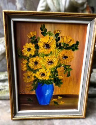 Zonnebloemen in Blauwe Vaas – Gesigneerd Impressionistisch Meesterwerk van M. Levis