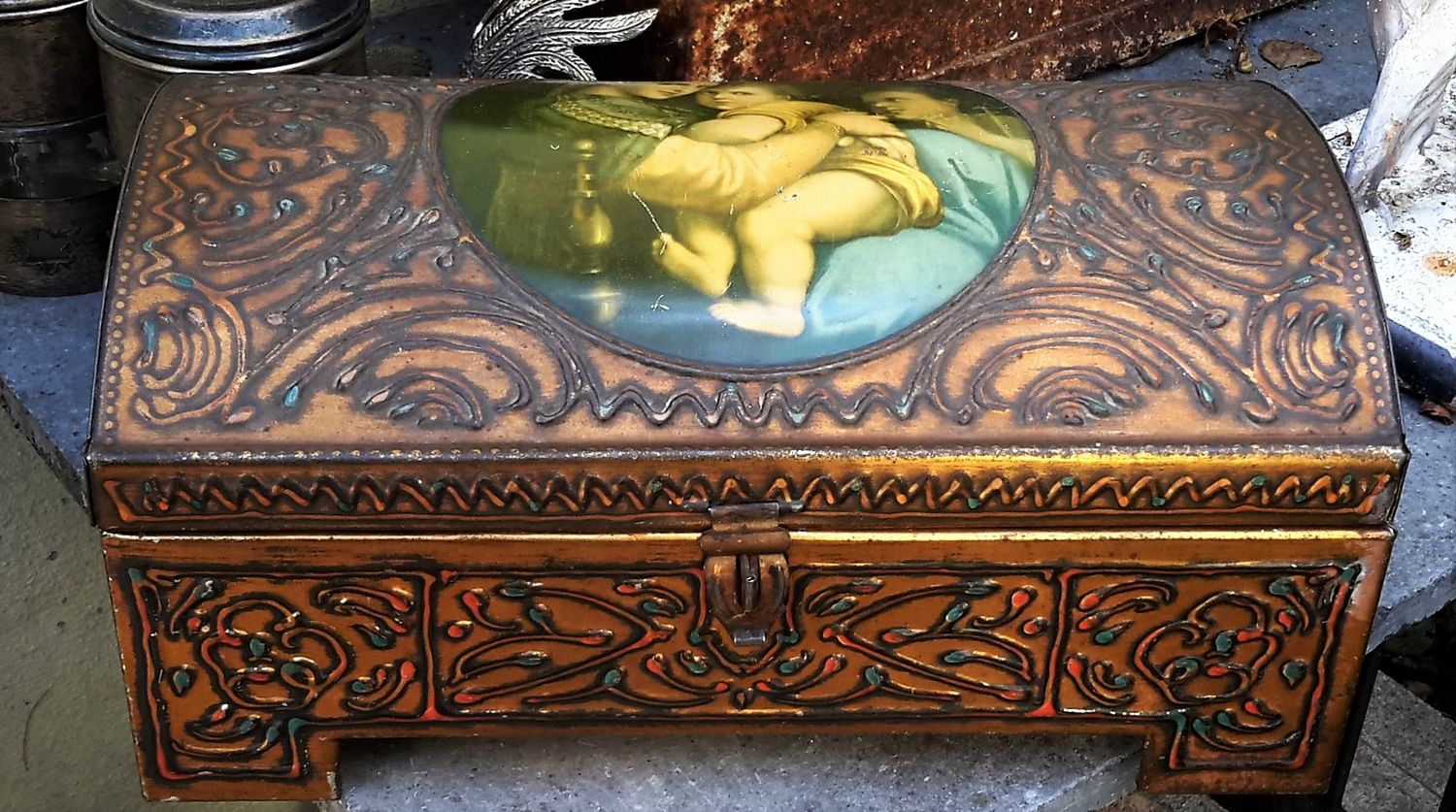 Vintage blikken opbergdoos met Raphaël Madonna – België ca. 1960