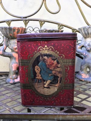 Antiek bordeauxrood blik “Les Joueurs de cartes” – Confiserie Faignard Tournai