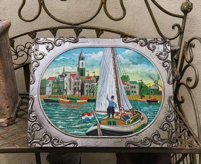 Vintage Patria koekjesblik met haven- en Hollands klederdrachtdecor – ca. 1950