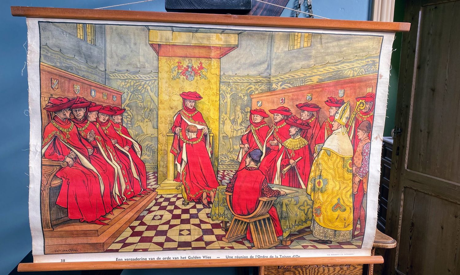 Vergadering van de Ridders van het Gulden Vlies – Educatieve linnen schoolplaat nr 38 (1925–1931)