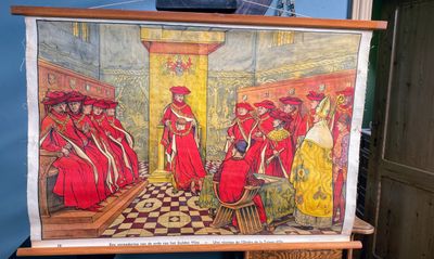 Vergadering van de Ridders van het Gulden Vlies – Educatieve linnen schoolplaat nr 38 (1925–1931)