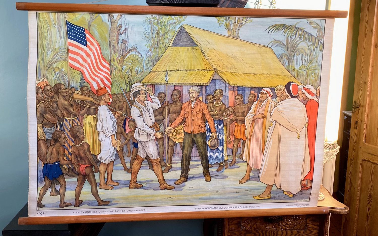 Stanley ontmoet Livingstone aan het Tanganikameer – Educatieve linnen schoolplaat nr 62 (1925–1931)