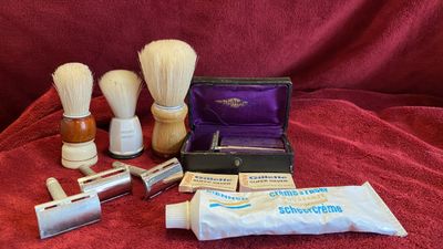 Vintage Gillette scheerset ca. 1930 – compleet met doos, mesjes & kwasten