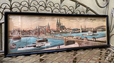 Ingekleurde Rheinpanorama lithografie ca. 1925 – Keulen met stoomschip Goethe