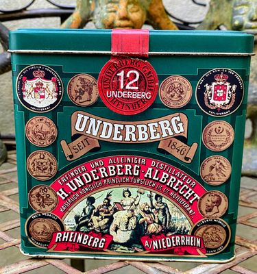 Vintage groen blik Underberg blik voor 12 flesjes