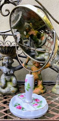 Vintage draaibare dressingspiegel – Moss Rose porseleinen sokkel, ca. 1940