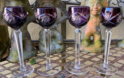 Prachtige set van 2 x 2 Amethist paarse geëtste lange steel likeurglazen