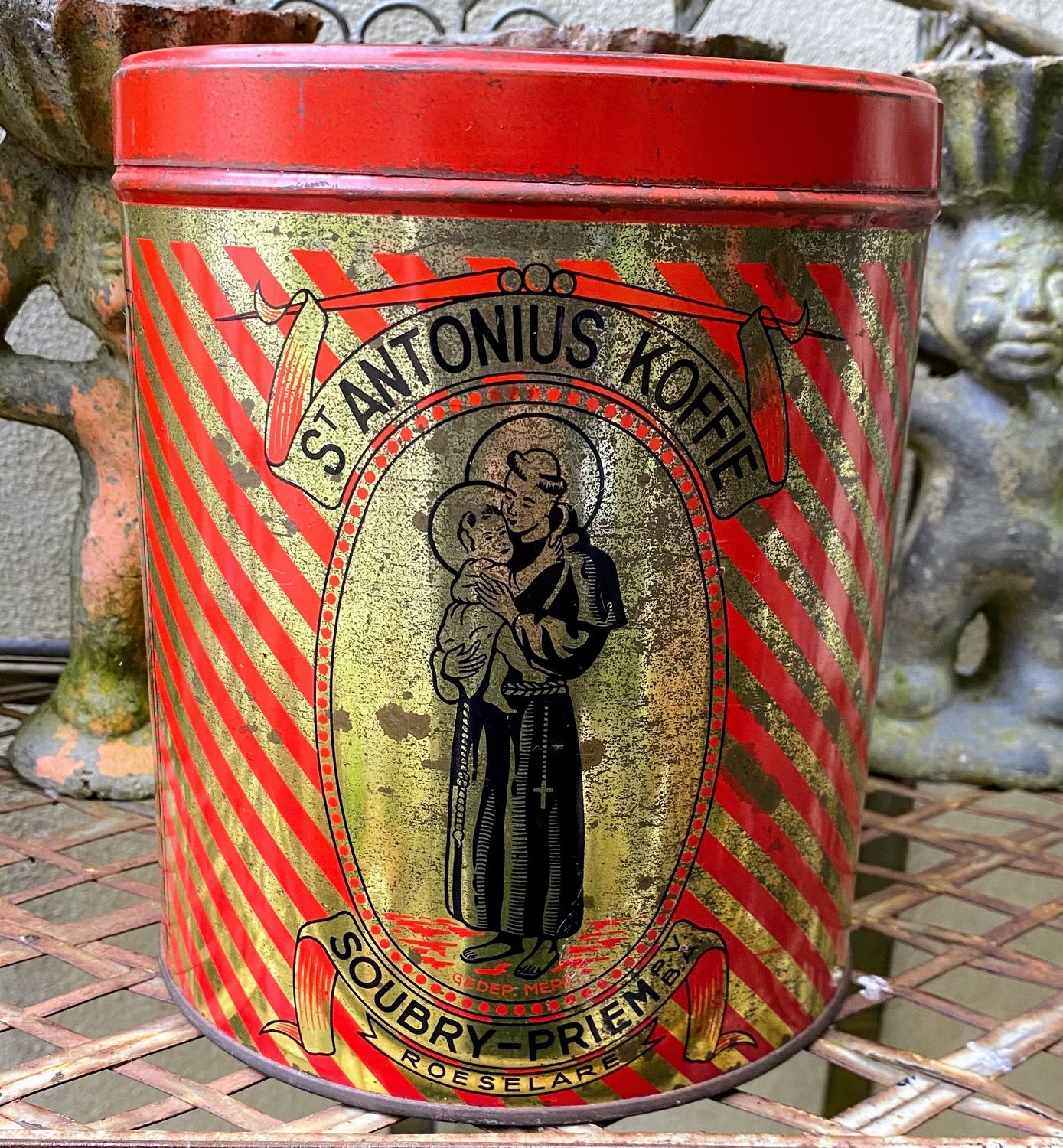 Oud koffieblik Sint Antonius Soubry Priem Roeselare