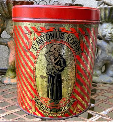 Oud koffieblik Sint Antonius Soubry Priem Roeselare
