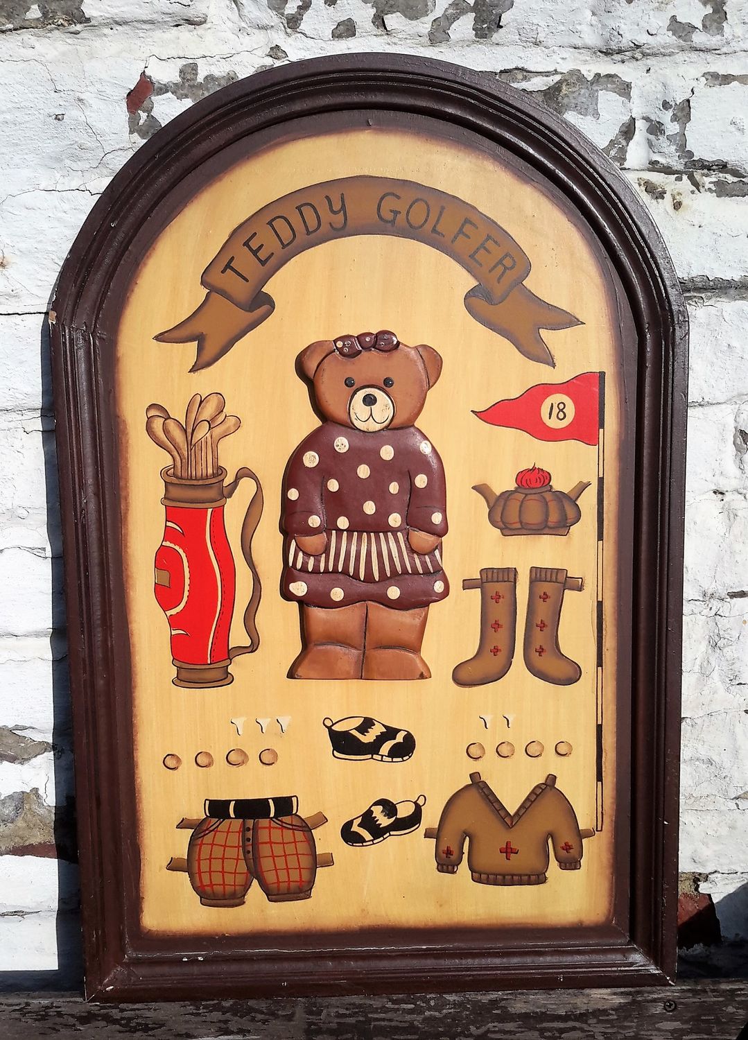 Teddy Golfer - Vintage Houten Wandbord 3D Teddy Golfer - Vintage Houten Wandbord 3D