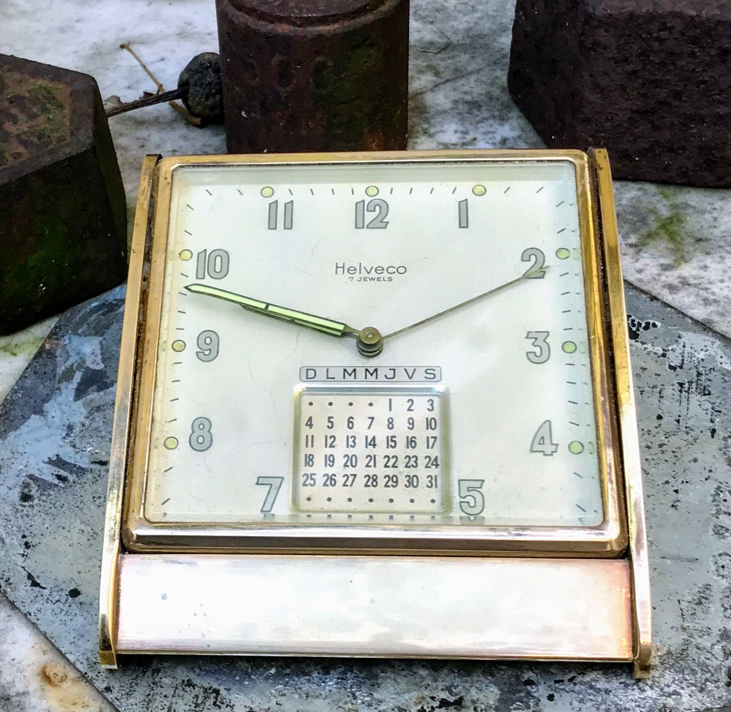 Vintage Helveco Imhof Swiss Desk Alarm Clock 7 Jewel