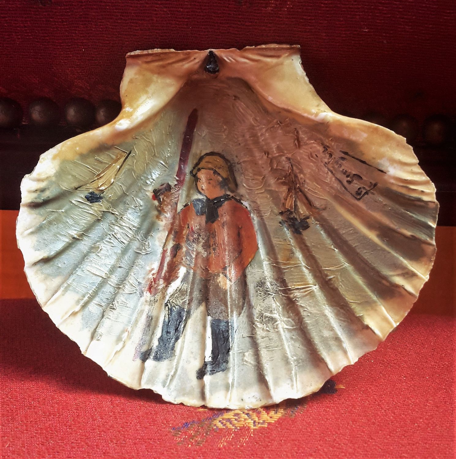 Handgeschilderde Sint Jacobsschelp Visser aan zee