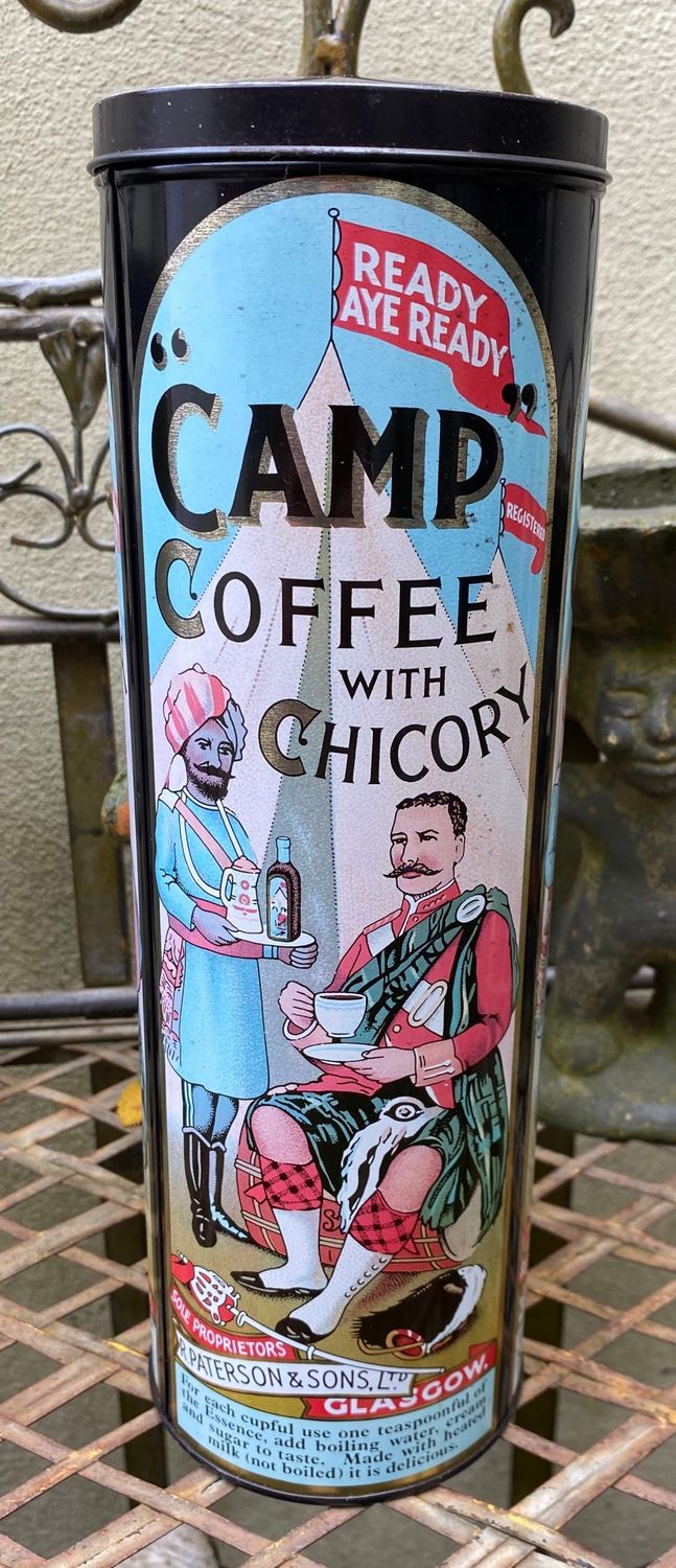 Controversieel "Vintage Camp Coffee with Chicory" blik R Paterson and Sons Ltd Glasgow