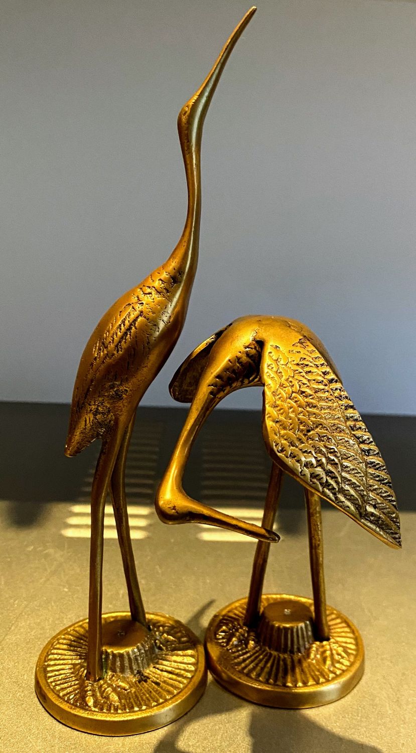 Vintage messing koppel decoratieve reigers / zilverreigers