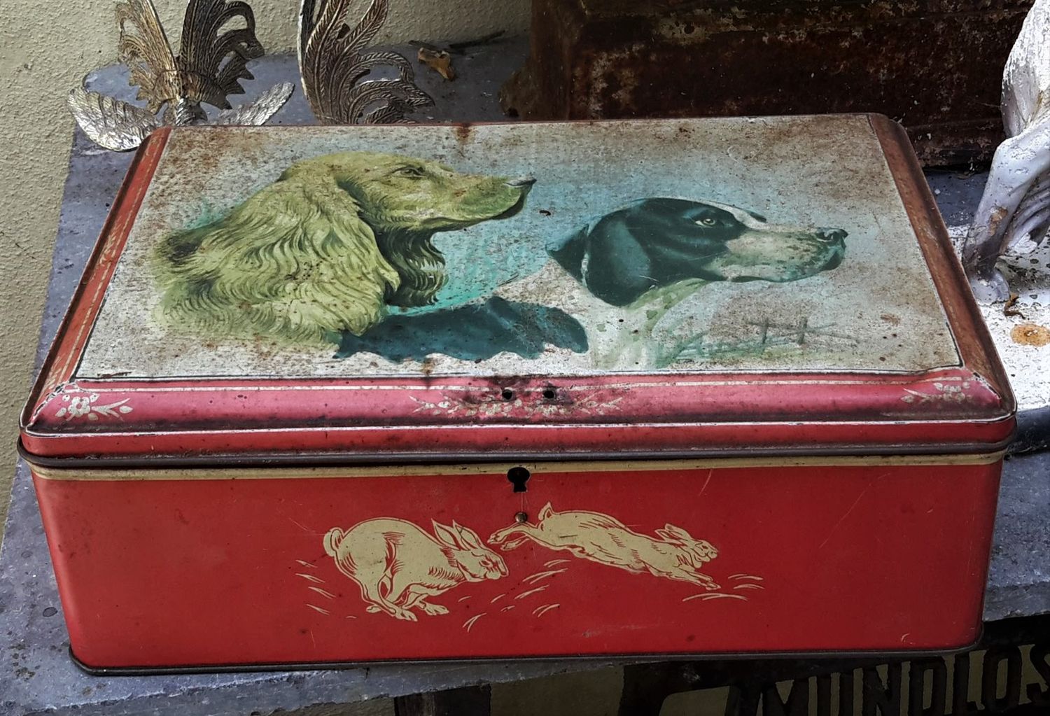 Vintage blik Toffees Trefin met afbeelding van jachthonden