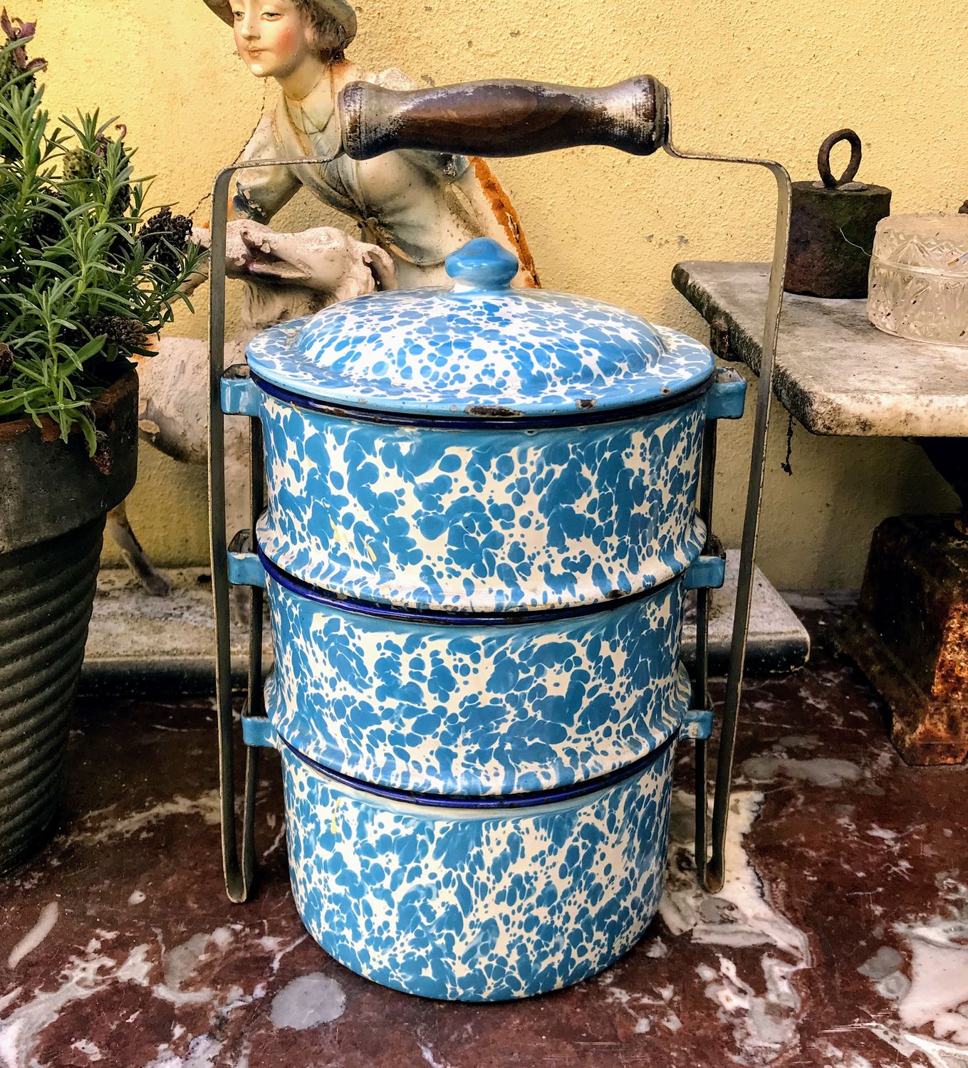 Vintage geëmailleerde Rantang met 3 pannetjes