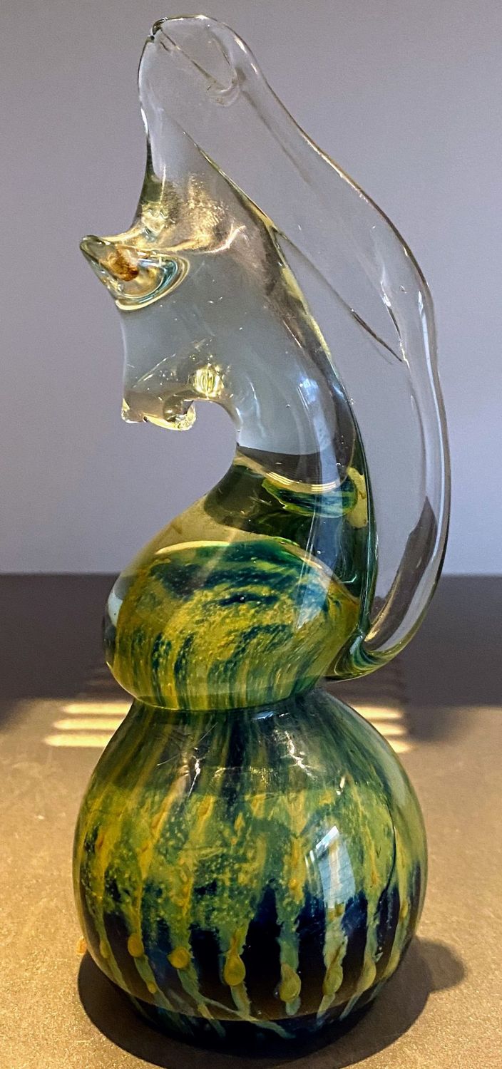 Prachtig Vintage Mdina glazen zeepaardje - groen geel blauw