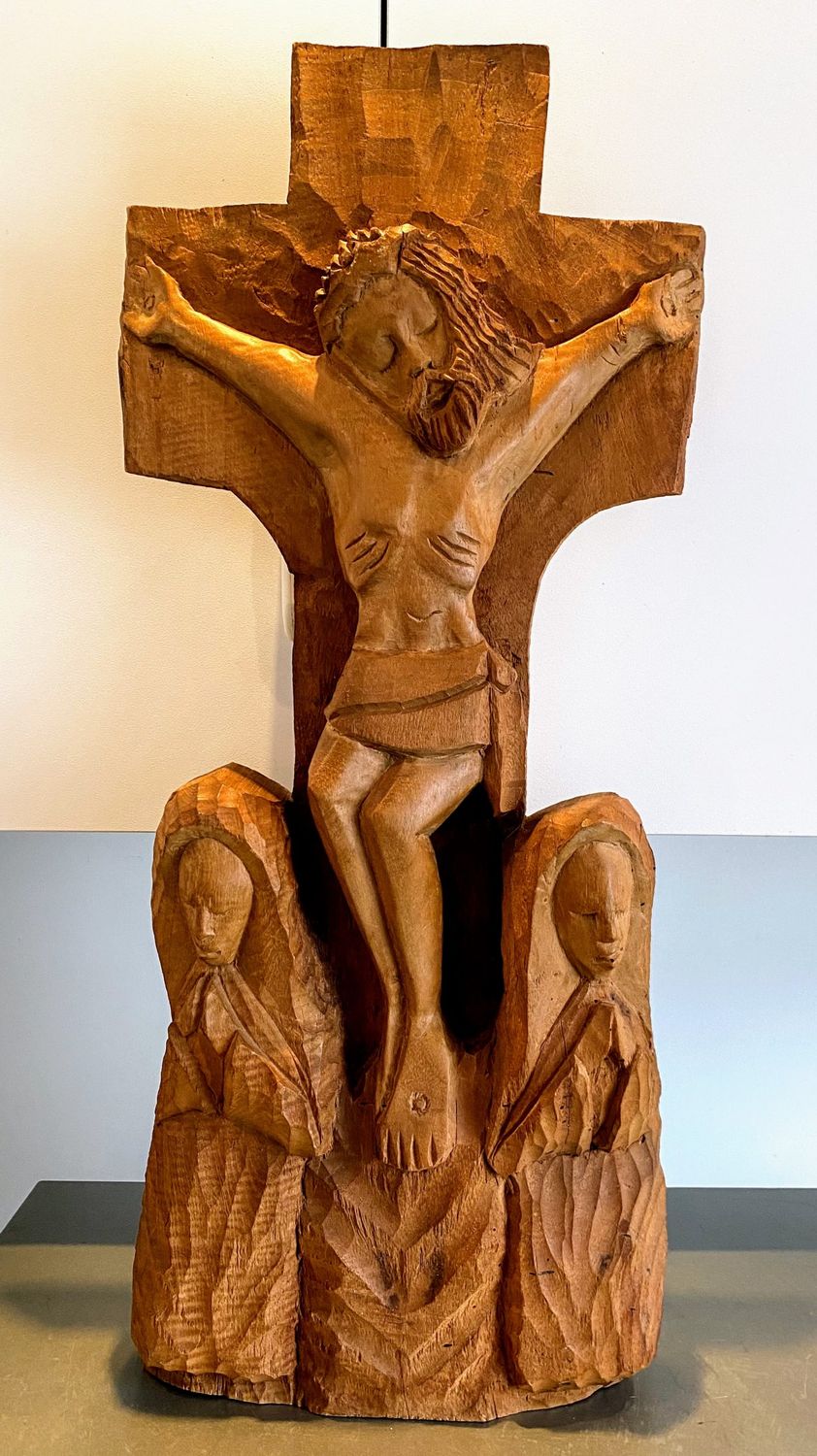 Uniek handgesneden kruisbeeld Jezus met treurende vrouwen