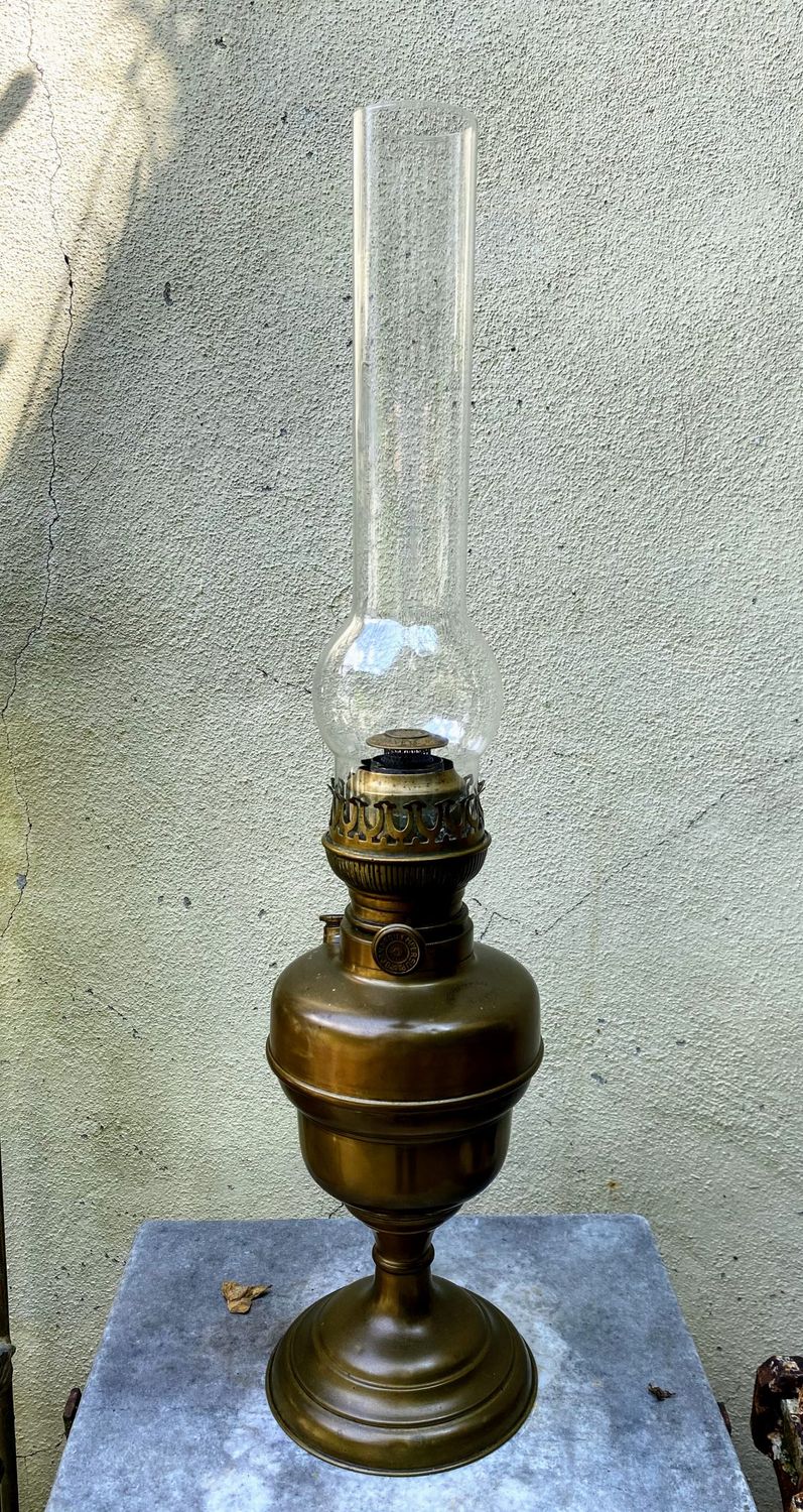 Prachtige roodkoperen Belgische olielamp Lempereur en Bernard