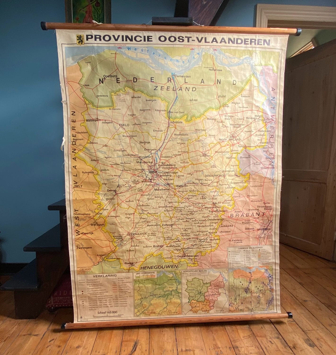 Prachtige oude linnen schoolkaart Carto Provincie Oost Vlaanderen