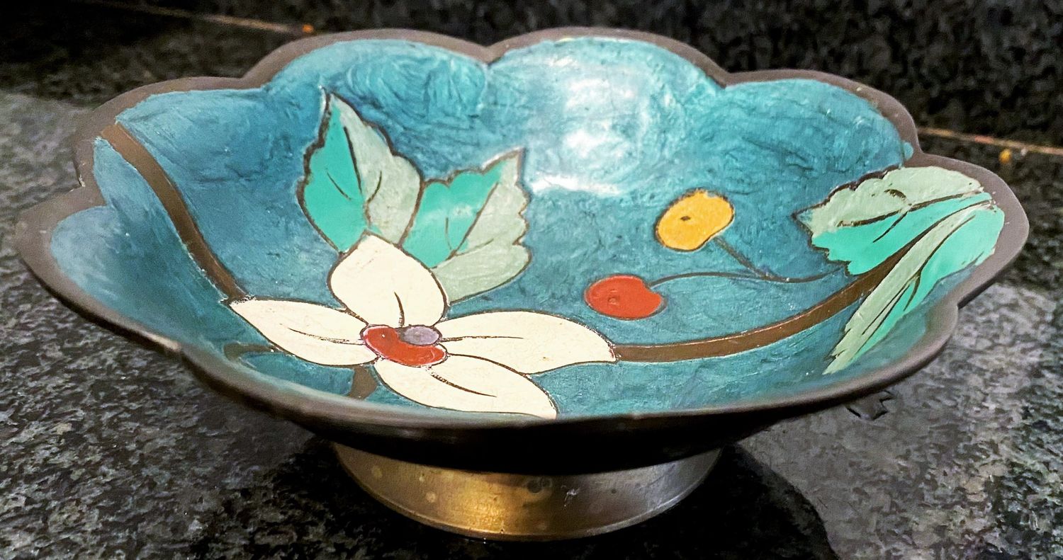 Vintage Cloisonné schaaltje met afbeelding kersen en kersenbloesem uit India