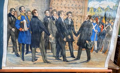 Educatieve Oude linnen schoolplaat nr 58: Het voorlopig bewind op het stadhuis te Brussel