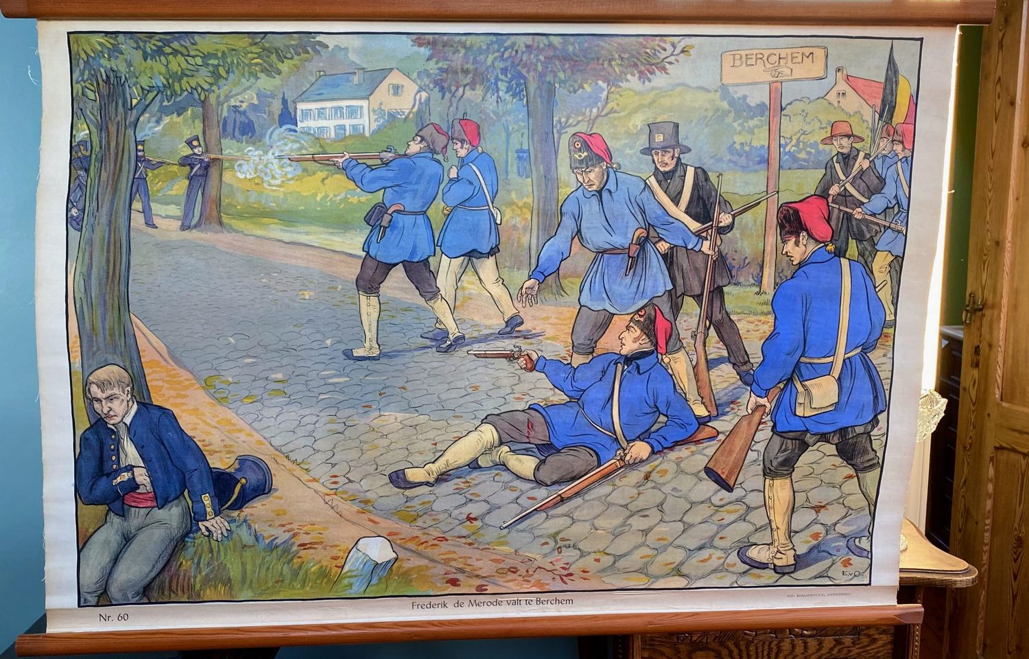 Educatieve linnen schoolplaat nr 60 " Frederik de Merode valt te Berchem"