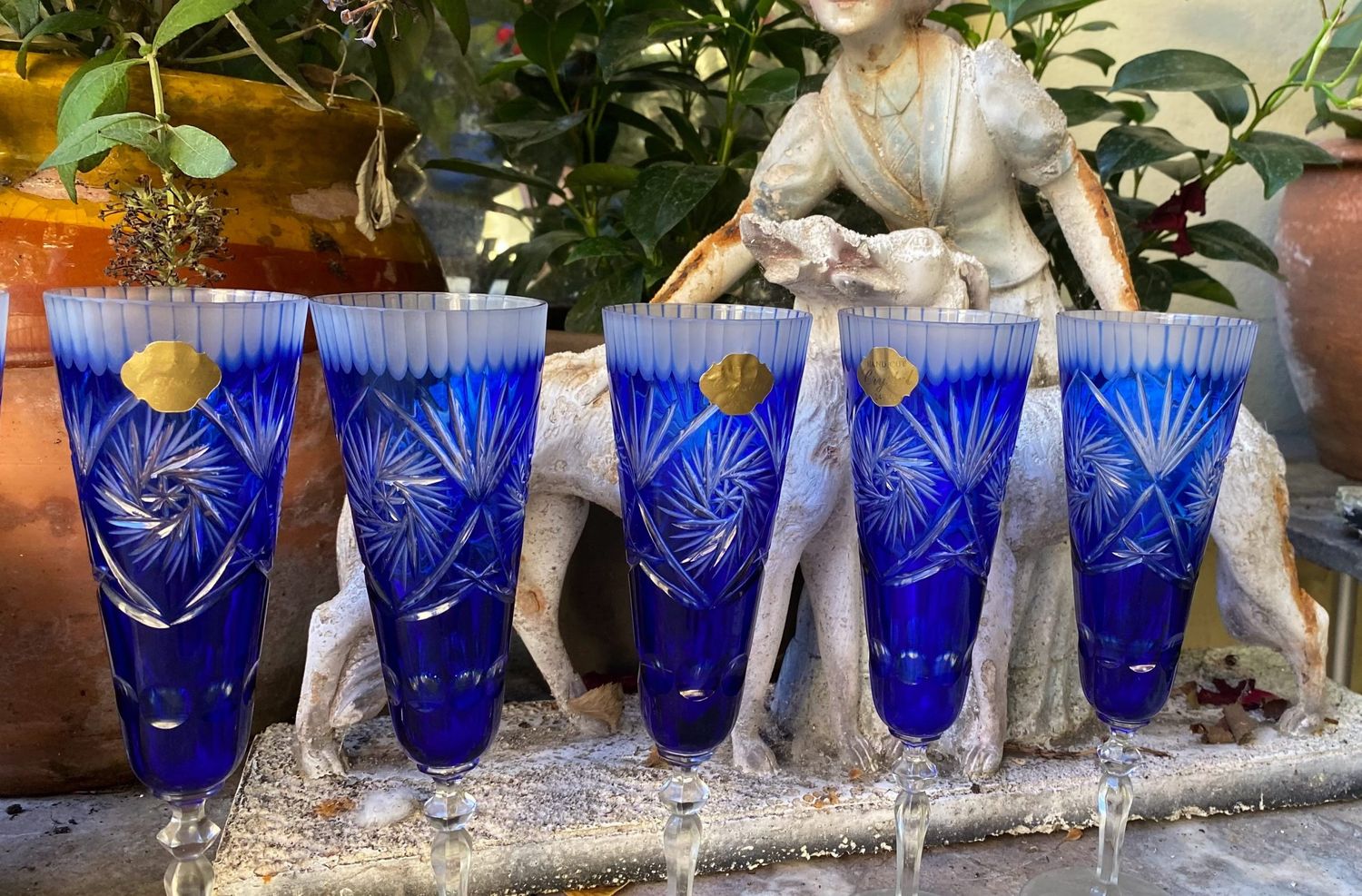 Prachtige set van 6 kobaltblauwe Champagne Fluit glazen in Hand cut Crystal 24% PBO