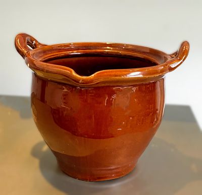 Oud handgemaakt geglazuurd waterkruikje met tuit en 2 oren – ca. begin 20e eeuw